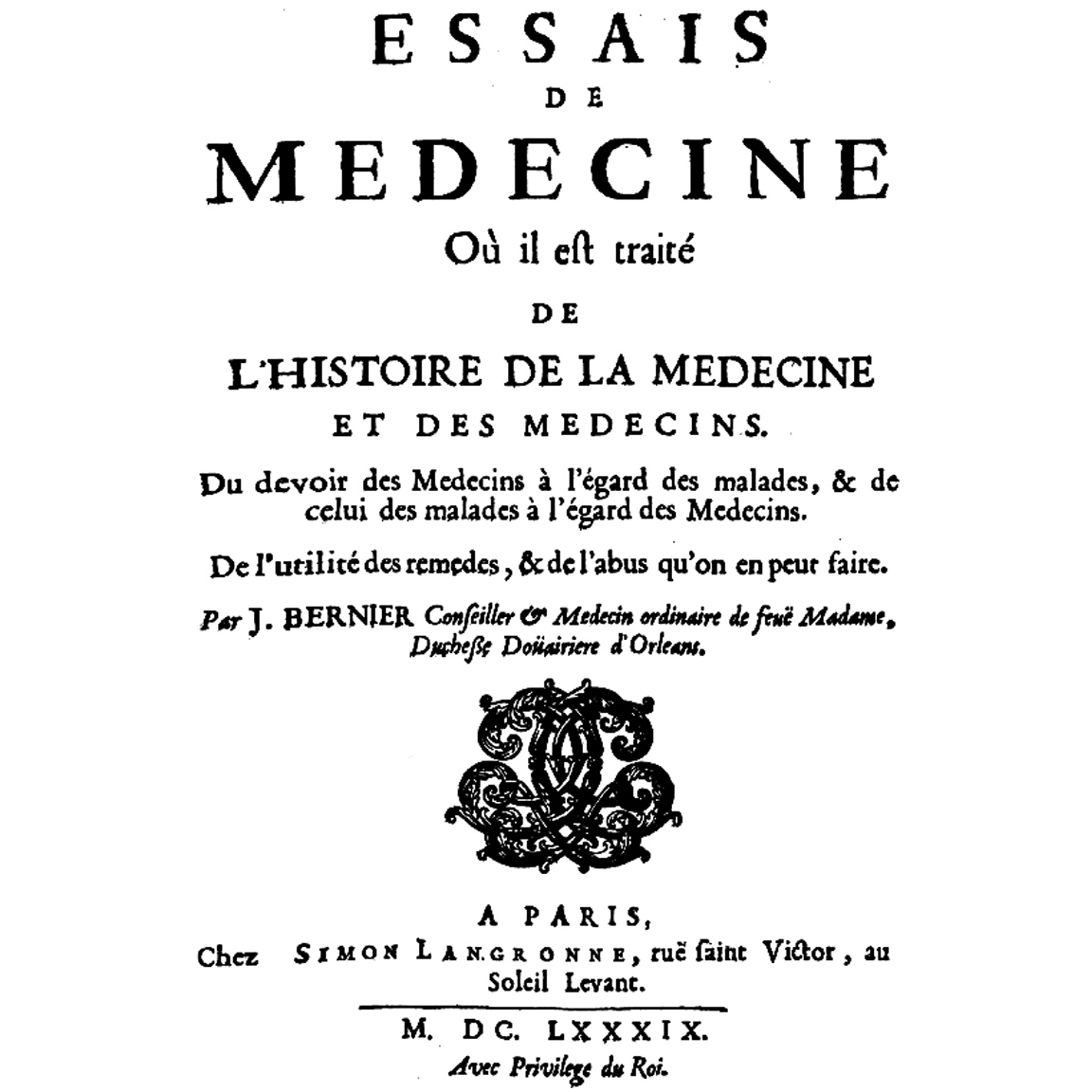 Title page of 1689-BERNIER-Essais de Médecine