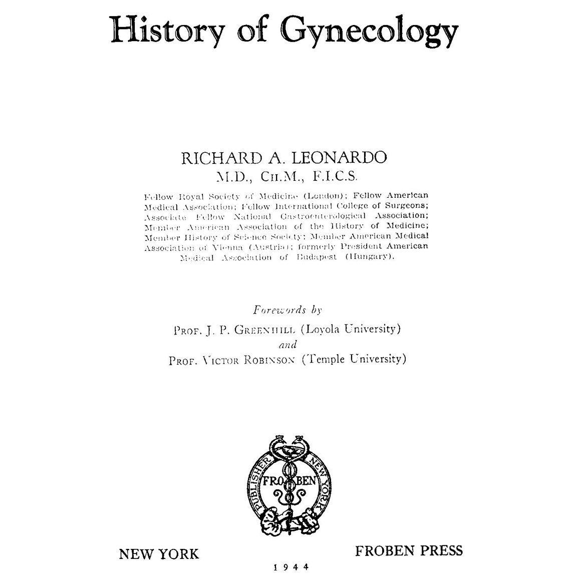 1944-LEONARDO History of Gynecology title page