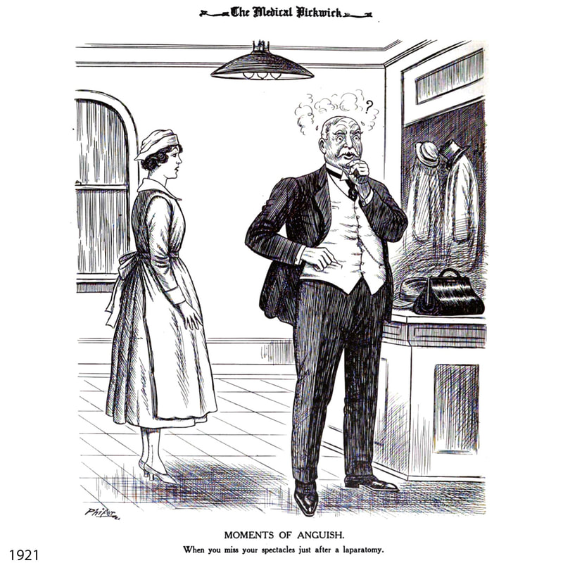 1921 cartoon showing surgeon wondering why he can't find his glasses after laparotomy.