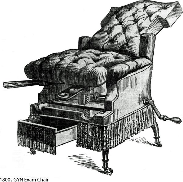 Upholstered 18th-C Gyn exam chair
